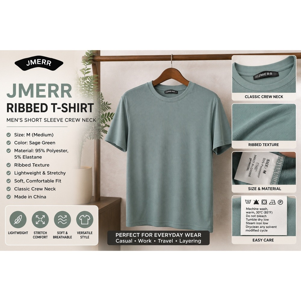 JMIERR Mens Ribbed Knit T-Shirt Sage Green Short Sleeve Crew Neck Curved Hem M
